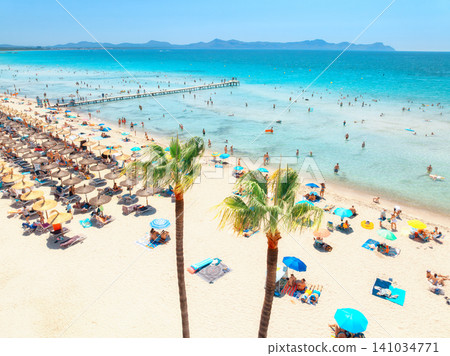 Aerial drone view of palm trees, sandy beach, umbrellas, blue sea Aerial drone view of palm trees, sandy beach, umbrellas, blue sea 141034771