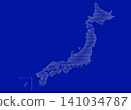 Illustration of a map of Japan: White horizontal stripes on a blue background. 141034787