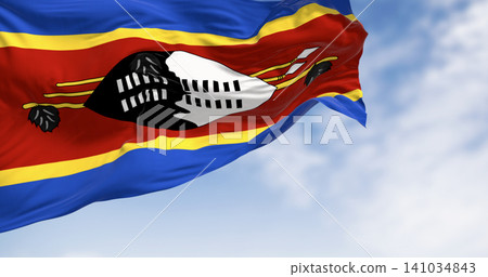 Close-up of Eswatini national flags waving a clear day Close-up of Eswatini national flags waving a clear day 141034843