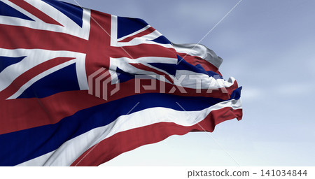 Close up of Hawaii state flag waving on a clear day 141034844