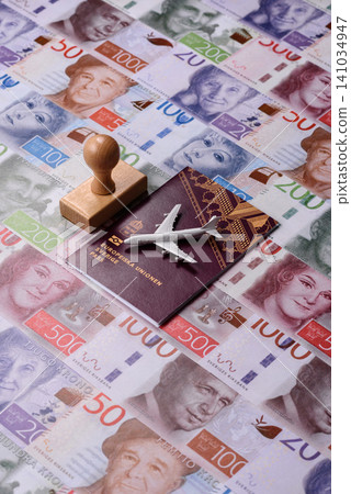 Sweden, swedish passport or id document with tickets for flight, travel. Swedish passport Sweden, swedish passport or id document with tickets for flight, travel. Swedish passport 141034947