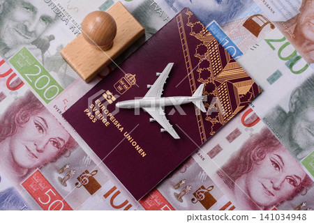 Sweden, swedish passport or id document with tickets for flight, travel. Swedish passport Sweden, swedish passport or id document with tickets for flight, travel. Swedish passport 141034948