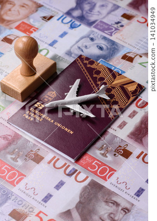 Sweden, swedish passport or id document with tickets for flight, travel. Swedish passport 141034949