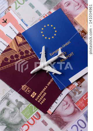 Sweden, swedish passport or id document with tickets for flight, travel. Swedish passport Sweden, swedish passport or id document with tickets for flight, travel. Swedish passport 141034961