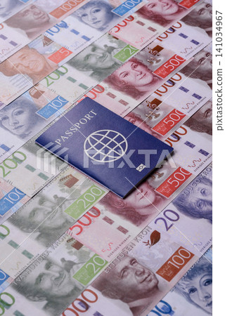 Sweden, swedish passport or id document with tickets for flight, travel. Swedish passport 141034967