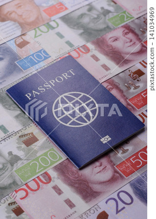 Sweden, swedish passport or id document with tickets for flight, travel. Swedish passport 141034969