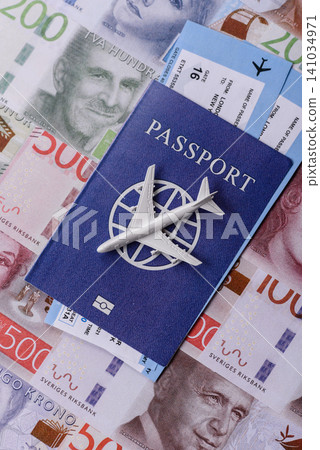 Sweden, swedish passport or id document with tickets for flight, travel. Swedish passport 141034971