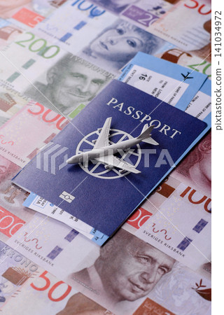 Sweden, swedish passport or id document with tickets for flight, travel. Swedish passport Sweden, swedish passport or id document with tickets for flight, travel. Swedish passport 141034972