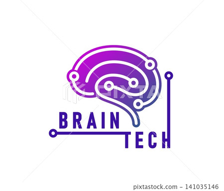 Brain hub tech icon or startup symbol. Brain tech science isolated symbol, artificial intelligence innovation sign. AI startup icon or emblem with human brain purple shape and motherboard traces Brain hub tech icon or startup symbol. Brain tech science isolated symbol, artificial intelligence innovation sign. AI startup icon or emblem with human brain purple shape and motherboard traces 141035146