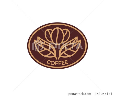 Coffee bean icon, cafe hot drink symbol. Takeaway drink brand round label, takeout coffee beverage graphic vector symbol. Coffeeshop or cafe menu sign or icon with coffee beans and plant leaves Coffee bean icon, cafe hot drink symbol. Takeaway drink brand round label, takeout coffee beverage graphic vector symbol. Coffeeshop or cafe menu sign or icon with coffee beans and plant leaves 141035171