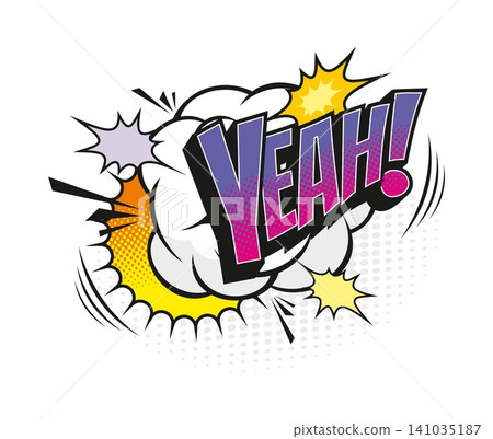 Cartoon vintage yeah comic speech bubble. Comic balloon label, expression speech cloud pop art isolated vector effect. Text bubble halftone sticker with purple typography, smoke cloud and flying stars 141035187
