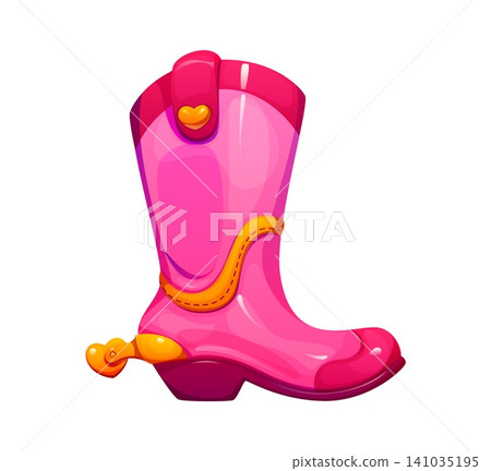 Cowgirl pink boot, vintage girly cowboy disco icon, cartoon vector. Wild West cowgirl or Western cowboy girl pink riding boot with golden heart buckle for girly country and girlish rodeo symbol Cowgirl pink boot, vintage girly cowboy disco icon, cartoon vector. Wild West cowgirl or Western cowboy girl pink riding boot with golden heart buckle for girly country and girlish rodeo symbol 141035195