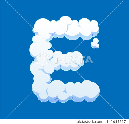 Cartoon fluffy cloudy sky font letter E. Heaven cloudy sky type font symbol, white smoke English alphabet isolated vector sign. White cloud kids ABC typeface letter or fluffy mist typeset element Cartoon fluffy cloudy sky font letter E. Heaven cloudy sky type font symbol, white smoke English alphabet isolated vector sign. White cloud kids ABC typeface letter or fluffy mist typeset element 141035217