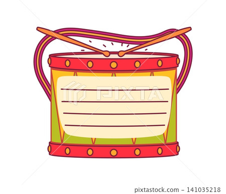Kids memo note frame with drum toy. Kids diary vector frame, planner to do list memo note. Scrapbook label or child schedule sticker with red drum, percussion musical instrument and drumsticks 141035218