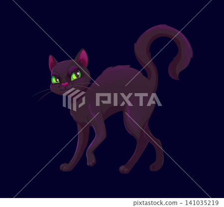 Halloween black cat, kitty animal game icon. Witchcraft and bad luck animal symbol, spooky kitten personage. Halloween witch pet, black cat with green eyes cartoon character with game vector asset Halloween black cat, kitty animal game icon. Witchcraft and bad luck animal symbol, spooky kitten personage. Halloween witch pet, black cat with green eyes cartoon character with game vector asset 141035219