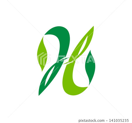 H bio icon, agriculture company symbol. Natural brand emblem, beauty or herbal product sign. Bio technology and organic food shop icon, nature and environment symbol with green leaves and H letter H bio icon, agriculture company symbol. Natural brand emblem, beauty or herbal product sign. Bio technology and organic food shop icon, nature and environment symbol with green leaves and H letter 141035235