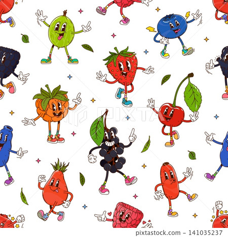 Cartoon groovy berry fruits seamless pattern. Textile vector seamless pattern with gooseberry, blueberry, cowberry and cranberry, rose hip, honeysuckle, blackberry and raspberry groovy characters Cartoon groovy berry fruits seamless pattern. Textile vector seamless pattern with gooseberry, blueberry, cowberry and cranberry, rose hip, honeysuckle, blackberry and raspberry groovy characters 141035237