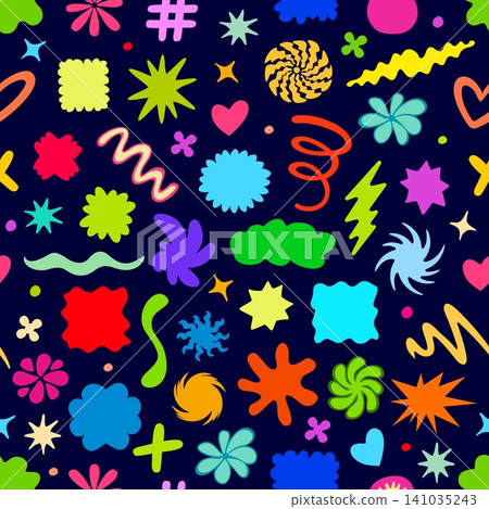 Funky groovy shapes and stickers, abstract Y2K comic bubbles seamless pattern. Y2K funky abstract shape textile backdrop, colorful blobs fabric pattern. Groovy comical random forms seamless print Funky groovy shapes and stickers, abstract Y2K comic bubbles seamless pattern. Y2K funky abstract shape textile backdrop, colorful blobs fabric pattern. Groovy comical random forms seamless print 141035243