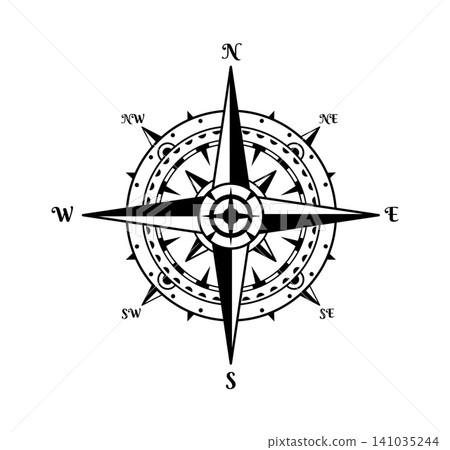 Vintage navigation map compass or wind rose sign. Old pirate treasure cartography element, vintage historical map isolated wind rose. Antique geography navigation monochrome compass Vintage navigation map compass or wind rose sign. Old pirate treasure cartography element, vintage historical map isolated wind rose. Antique geography navigation monochrome compass 141035244