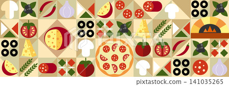 Pizza mosaic seamless pattern, flat line design, pizza ingredients and slices, abstract geometric design of Italian pizzeria Pizza mosaic seamless pattern, flat line design, pizza ingredients and slices, abstract geometric design of Italian pizzeria 141035265