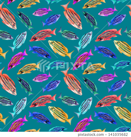 Watercolor Neon Reef Fish Seamless Pattern on Color Background 141035682