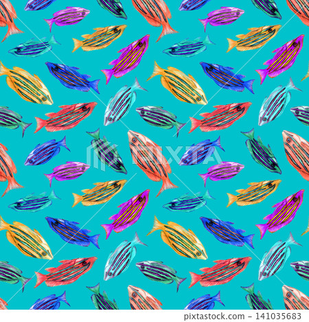 Watercolor Neon Reef Fish Seamless Pattern on Color Background Watercolor Neon Reef Fish Seamless Pattern on Color Background 141035683