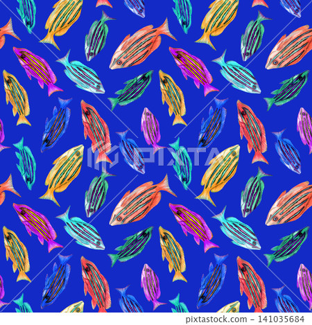 Watercolor Neon Reef Fish Seamless Pattern on Color Background Watercolor Neon Reef Fish Seamless Pattern on Color Background 141035684