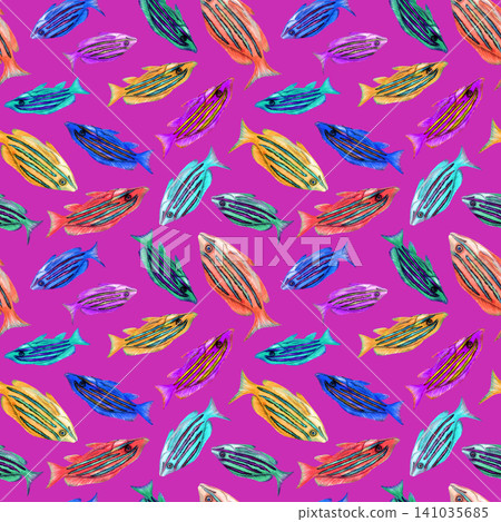Watercolor Neon Tropical Fish Seamless Pattern on Bright Color Background Watercolor Neon Tropical Fish Seamless Pattern on Bright Color Background 141035685