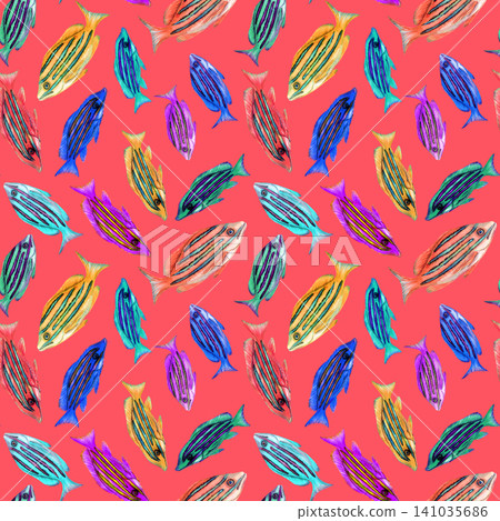 Watercolor Neon Tropical Fish Seamless Pattern on Bright Color Background Watercolor Neon Tropical Fish Seamless Pattern on Bright Color Background 141035686