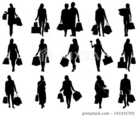 Black silhouettes of people shopping with bags Black silhouettes of people shopping with bags 141035705
