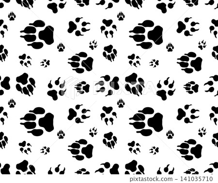 Seamless pattern of print of various dogs paws on a white background	 141035710