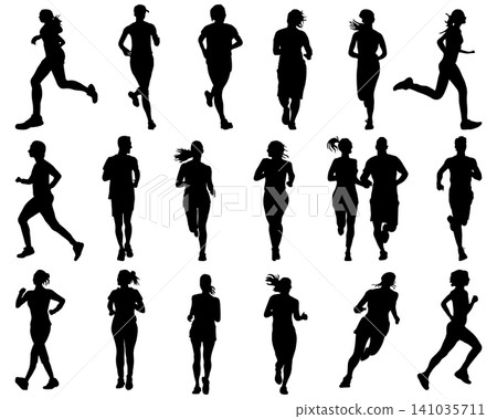 Collection black silhouettes of runner in various running poses Collection black silhouettes of runner in various running poses 141035711