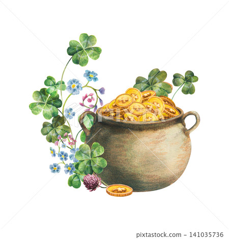 Pot of gold cauldron with shamrocks and blue forget-me-nots hand drawing watercolor. An isolated floral treasure composition ideal for St. Patrick's Day cards, Celtic folklore decor, gift packaging. Pot of gold cauldron with shamrocks and blue forget-me-nots hand drawing watercolor. An isolated floral treasure composition ideal for St. Patrick's Day cards, Celtic folklore decor, gift packaging. 141035736