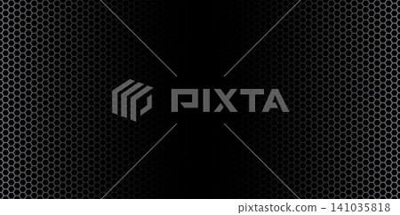 Metal hexagon pattern with honeycomb mesh texture. Dark perforated grid background featuring industrial steel speaker grill design for modern tech templates. 141035818