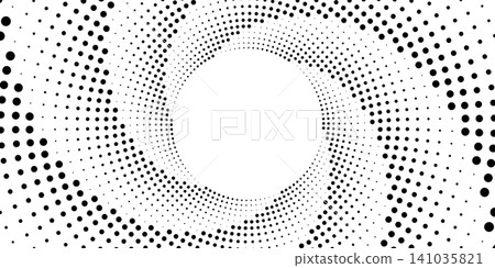 Halftone dot pattern forming spiral frame with swirl motion. Abstract vortex background featuring concentric circles and dynamic radial elements for contemporary graphics. Halftone dot pattern forming spiral frame with swirl motion. Abstract vortex background featuring concentric circles and dynamic radial elements for contemporary graphics. 141035821