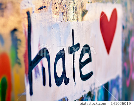 Graffiti art wall with hate message and heart in vibrant urban street expression Graffiti art wall with hate message and heart in vibrant urban street expression 141036019