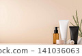 Skincare and cosmetics in minimalist setting with cream bottles and beauty products. 141036063