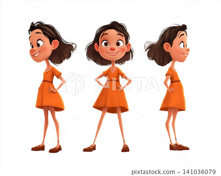 Animated character of a girl in a dress with a cute smile and stylish pose illustration Animated character of a girl in a dress with a cute smile and stylish pose illustration 141036079