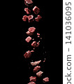 Raw beef chunks falling: food, meat, raw, beef, red, chunks, falling, cooking, ingredient, protein 141036095