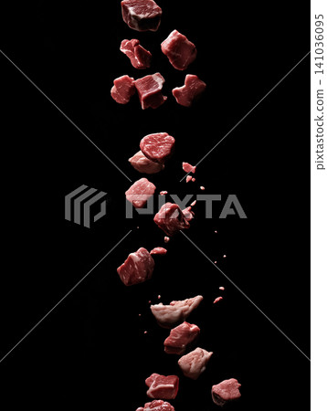 Raw beef chunks falling: food, meat, raw, beef, red, chunks, falling, cooking, ingredient, protein Raw beef chunks falling: food, meat, raw, beef, red, chunks, falling, cooking, ingredient, protein 141036095