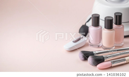 Nail polish and manicure cosmetics with makeup tools for beauty brushes in pink salon style Nail polish and manicure cosmetics with makeup tools for beauty brushes in pink salon style 141036102