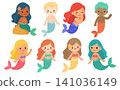 Mermaid illustration sea for cute vector set and cartoon water fish. Girl character summer for ocean baby mermaid and animal nature princess. Mermaid happy background for cute colorful 141036149