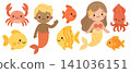 Mermaid illustration sea with cute vector set for cartoon water fish. Girl character summer with mermaid baby design for animal nature princess. Underwater happy mermaid with fantasy cute little 141036151