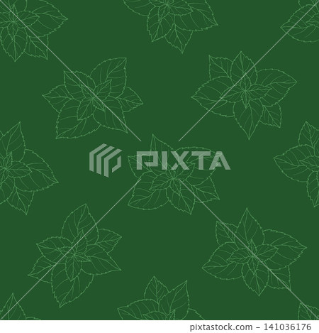 Mint Leaf Seamless Pattern on Dark Green Background. Botanical Line Art Peppermint Buds Repeating Backdrop. Fresh Basil or Melissa Outline Foliage Template. Vector Illustration. Mint Leaf Seamless Pattern on Dark Green Background. Botanical Line Art Peppermint Buds Repeating Backdrop. Fresh Basil or Melissa Outline Foliage Template. Vector Illustration. 141036176