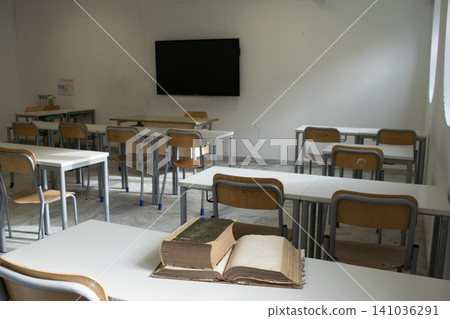 Empty classroom with modern desks and television 141036291