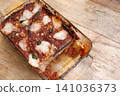 Eggplant parmigiana in glass baking dish 141036373