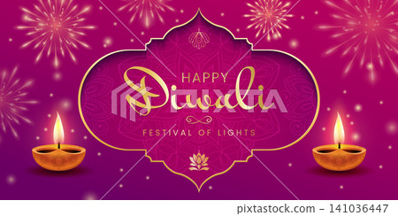 Elegant Happy Diwali banner with glowing fireworks, diya lamps, ornate mandala frame and golden text on magenta background. Festive design for cards, posters, invitations and social media. Elegant Happy Diwali banner with glowing fireworks, diya lamps, ornate mandala frame and golden text on magenta background. Festive design for cards, posters, invitations and social media. 141036447