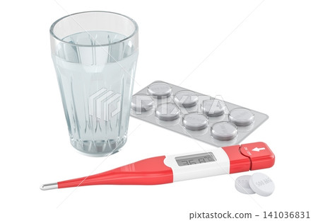 Digital thermometer with water glass and medicine tablets for fever, cold treatment and home health care, 3d rendering Digital thermometer with water glass and medicine tablets for fever, cold treatment and home health care, 3d rendering 141036831