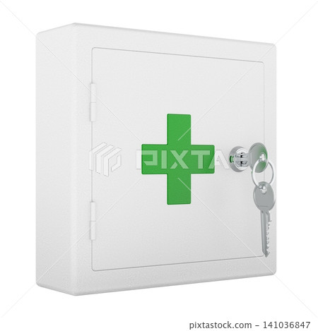 White locked first aid cabinet with keys for emergency supplies, medical access and secure medicine storage, 3d rendering White locked first aid cabinet with keys for emergency supplies, medical access and secure medicine storage, 3d rendering 141036847