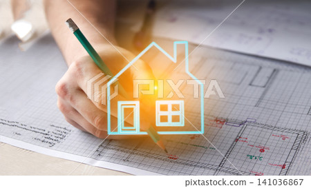 Architect drawing house blueprint with pencil overlayed with glowing home icon. Real estate development, residential engineering, house planning and mortgage construction concept Architect drawing house blueprint with pencil overlayed with glowing home icon. Real estate development, residential engineering, house planning and mortgage construction concept 141036867